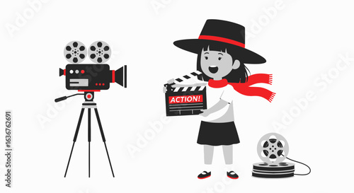 Young Filmmaker Directing a Movie Onset with Vintage Camera and Accessories