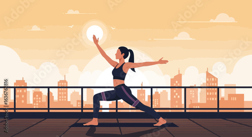 Woman practicing yoga on a rooftop with city skyline at sunset for wellness