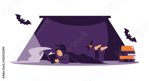 Young Girl Enjoying a Book in a Halloween Bat Costume Inside a Cozy Den