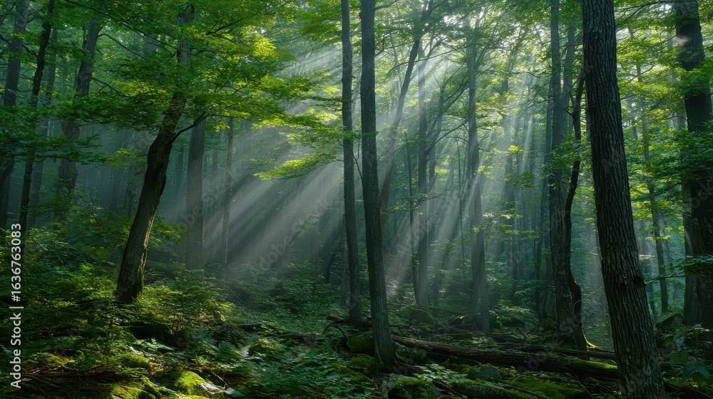 Fototapeta premium Sunlight Rays Streaming Through Lush Green Forest Trees