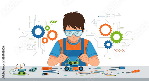 Young inventor building a robot, learning about technology and engineering concepts to foster innovation and creativity in youth education
