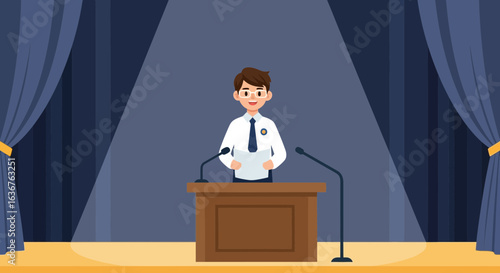 Young Man Giving Speech on Stage With Two Microphones And Curtains