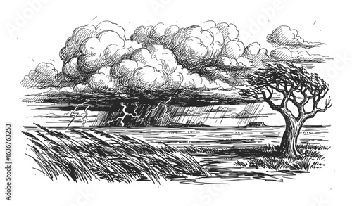 Detailed pen and ink drawing of a solitary tree in a field with dramatic clouds overhead in a silhouette style