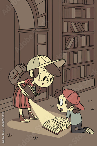 Cartoon style girl and boy discovering a glowing magical book in an abandoned library