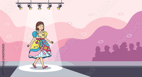 Young Model Walks the Runway Fashion Illustration with Colorful Dress