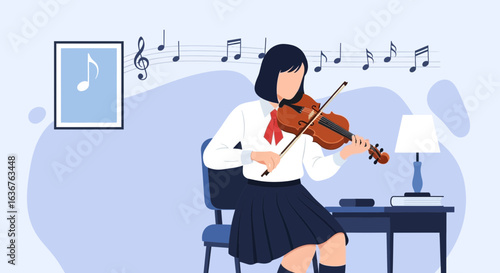 Young Musician Practicing Violin at Home with Notes on Wall Decor