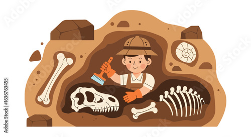 Young paleontologist excavating dinosaur fossils at an archaeological site illustration