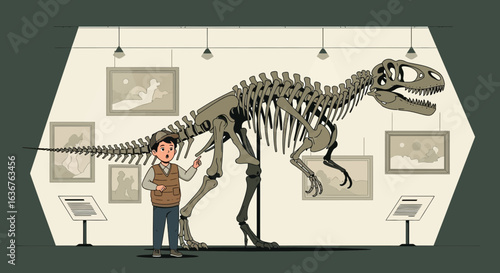 Young Paleontologist Discovering Dinosaur Skeleton in Museum Cartoon Illustration