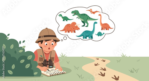 Young Paleontologist Tracing Dinosaur Footprints with Imagination Full of Prehistoric Creatures