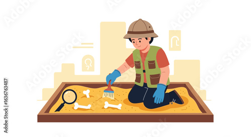 Young paleontologist excavating dinosaur bones with brush and magnifying glass for science learning on white background