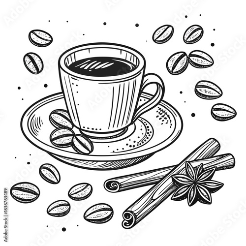 Espresso Cup with Coffee Beans – Hand-Drawn Monochrome Vector Art