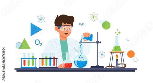 Young Scientist Performing Chemical Experiments in Laboratory Cartoon Design