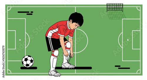 Young soccer player tying shoelaces on the field, getting ready for the game with determination and focus illustration