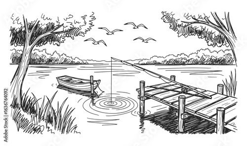 Serene lake scene with a fishing rod cast from a wooden dock towards a small boat and distant trees silhouette