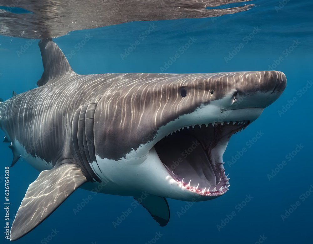 Naklejka premium great blue shark background, Basking Shark Filter-Feeding Underwater