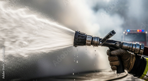Firefighter's hand with hose nozzle spraying powerful water stream during fire suppression