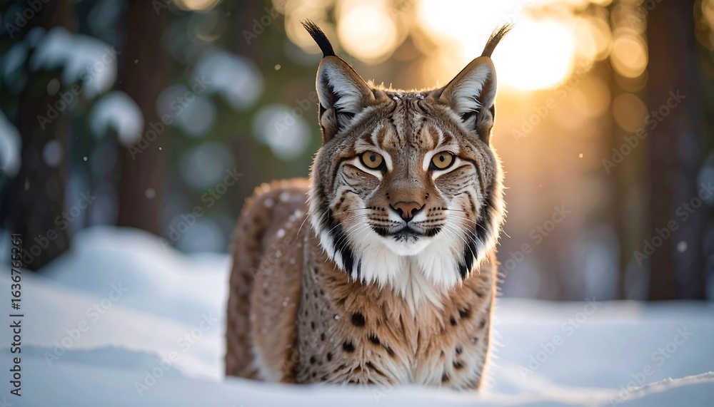 Fototapeta premium Lynx in snowy forest at sunset