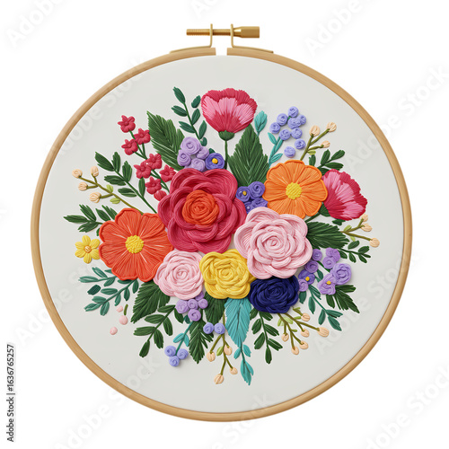 Vibrant Floral Embroidery: Needlepoint Art, Colorful Flower Design, Handmade Craft