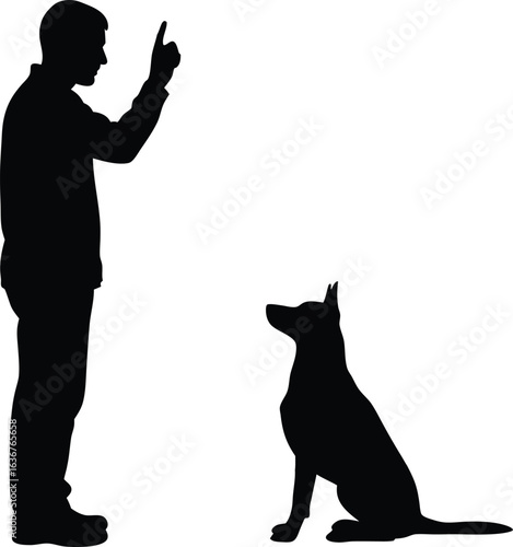 Silhouette of a person teaching a dog obedience training commands against a white background