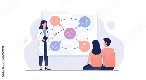 A fertility specialist provides medical consultation to a couple, explaining the reproductive cycle and assisted fertilization process on a whiteboard.