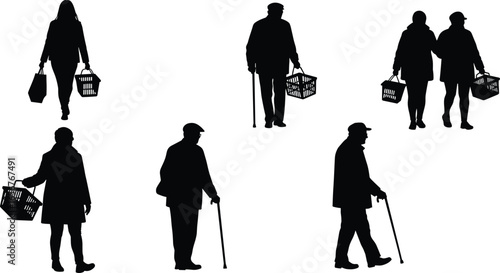 Silhouettes of diverse people shopping, carrying baskets, walking with canes, isolated black and white figures, stock photo for commercial use
