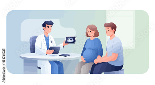 A caring doctor consults with a pregnant woman and her partner, showing them an ultrasound image. Concept of family planning and healthcare.