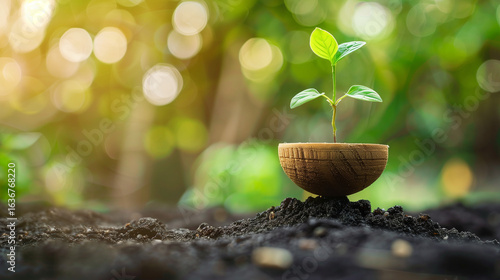 Concept ESG risk management. Sprout balanced on wooden libra balance, sustainability, environmental, social, governance factors. Growth concept eco-friendly. Earth soil background. AI generated.