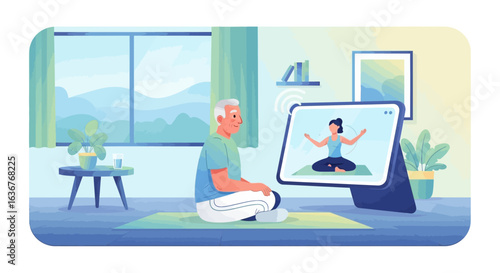 Active senior practicing meditation and yoga at home, following a digital class for health and mindfulness.