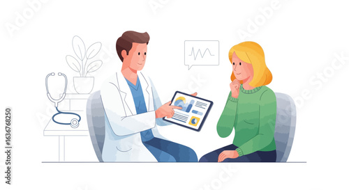 Doctor explaining medical test results to a female patient on a digital tablet. Modern healthcare and communication concept.