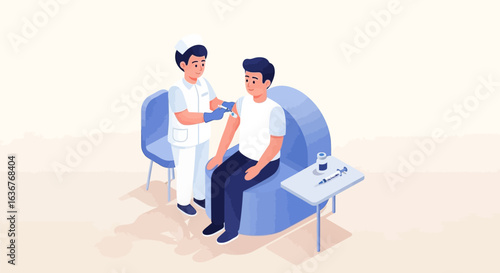 Isometric illustration of a female nurse administering a vaccine injection to a young male patient in a clinical setting for immunization.