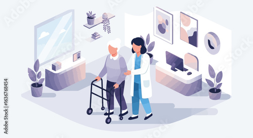 Compassionate caregiver assisting an elderly woman with a walker. Concept of senior healthcare and assisted living support.