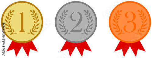 Gold, silver and bronze medals with ribbons flat vector icons for sports apps and websites.