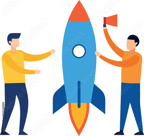 Vector Scene Of Two People Holding A Giant Rocket
