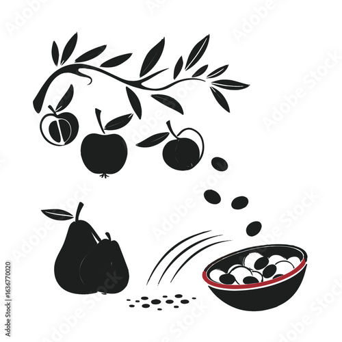 Apple and pear harvest falling into a bowl of salad