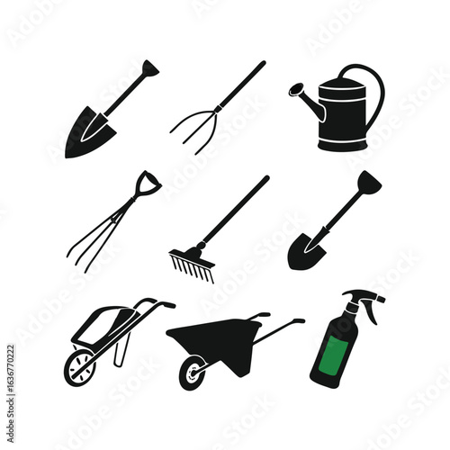 Collection of gardening tools and equipment silhouettes
