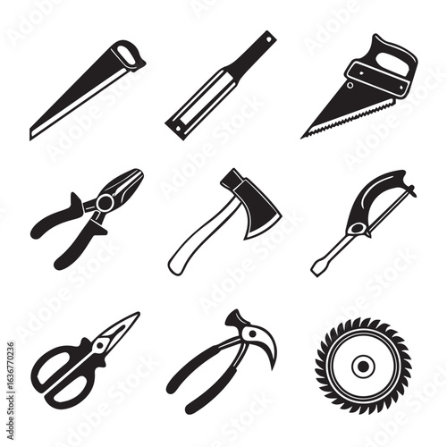 Collection of hand drawn construction and woodworking tools