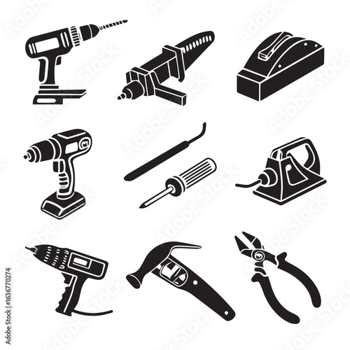Collection of handheld power tools and manual tools