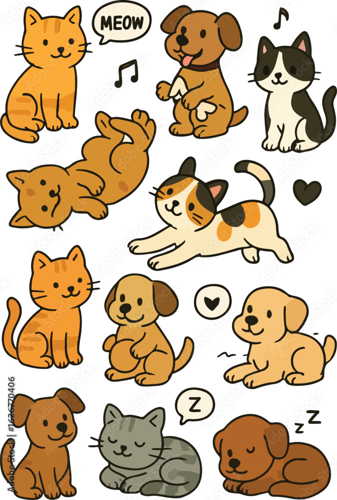 Obraz premium Cute Cartoon Cats and Dogs stickers Vector Designs set