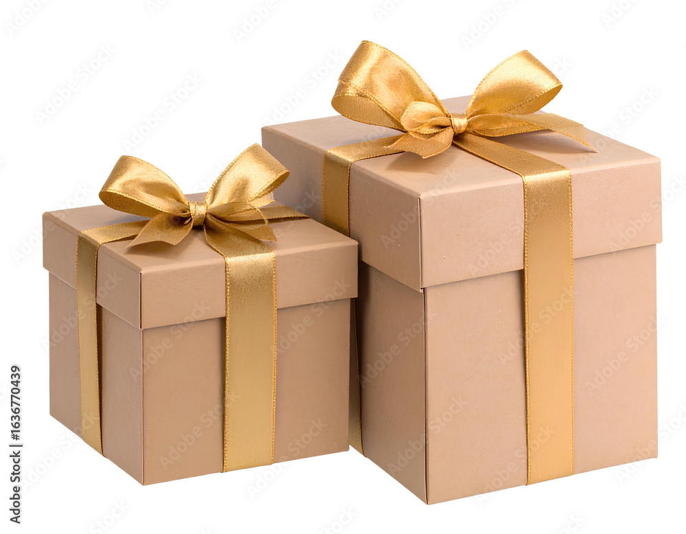 Obraz premium Two brown gift boxes with golden ribbon, isolated on a transparent background.