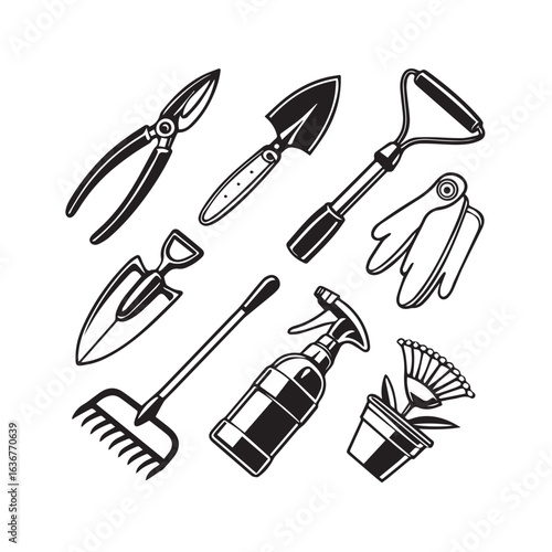 Hand drawn garden tools and plant illustration