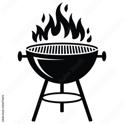 Black silhouette of a charcoal grill with flames silhouette