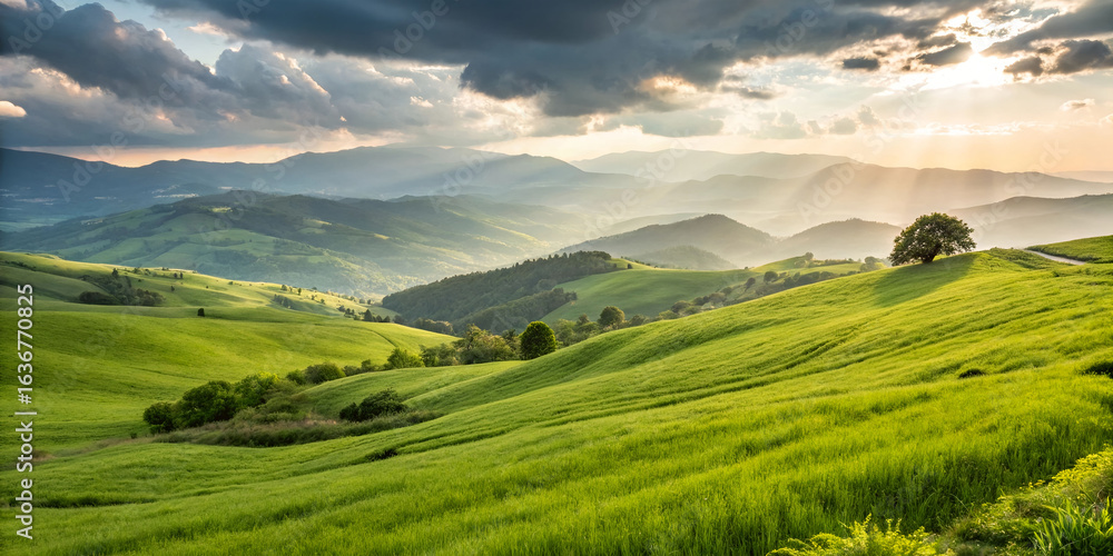 Fototapeta premium Scenic Rolling Green Hills Under Blue Sky.