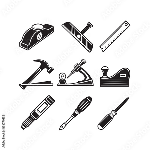 Vintage illustration of various hand tools and workshop equipment