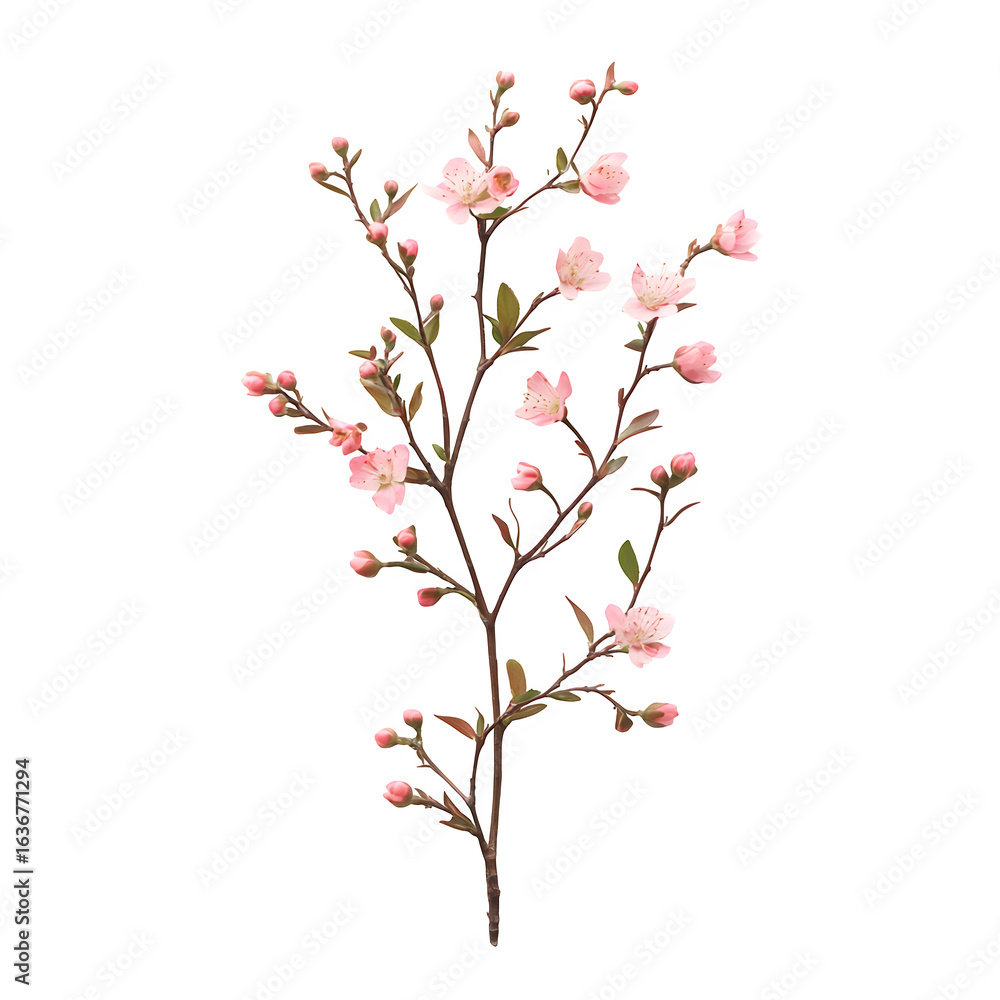 Naklejka premium A delicate sprig with small pink flowers, isolated on white, sharp botanical mockup with soft lighting