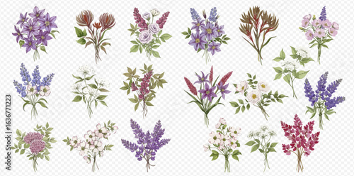 A diverse collection of illustrated floral bouquets featuring various colorful flowers, arranged in small bunches.