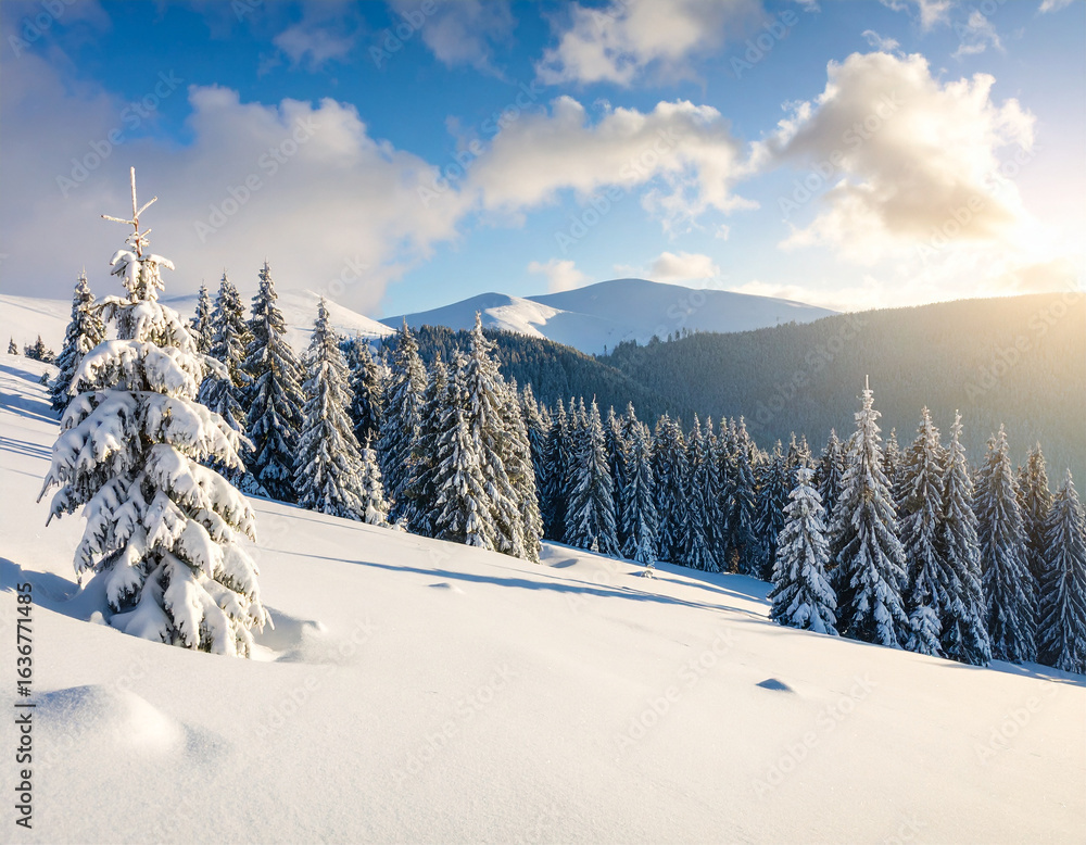 Fototapeta premium Photo of a snow-covered pine forest on a mountain slope
