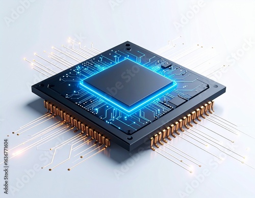 A detailed close-up of a modern computer processor unit (CPU) with glowing blue circuitry and golden pins, representing advanced technology and digital innovation.