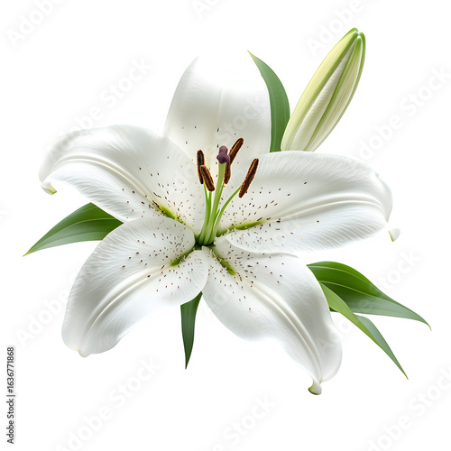 A fully bloomed white lily flower, isolated on white background, soft light and sharp details, PNG style
