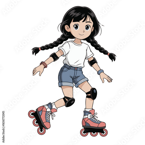 Young girls are actively playing, smiling with joy, on roller skates, skateboards, and scooters