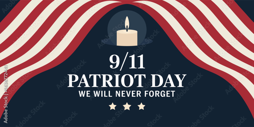 Naklejka premium 9.11 Patriot Day tribute illustration with candle flame, American flag stripes, and “We Will Never Forget” commemorative text on dark background